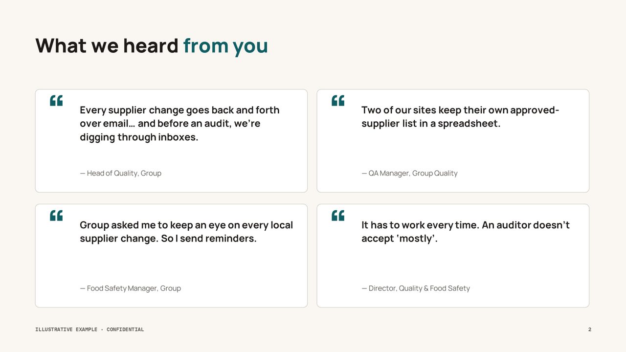 After: a slide with four quotes from the customer's quality team